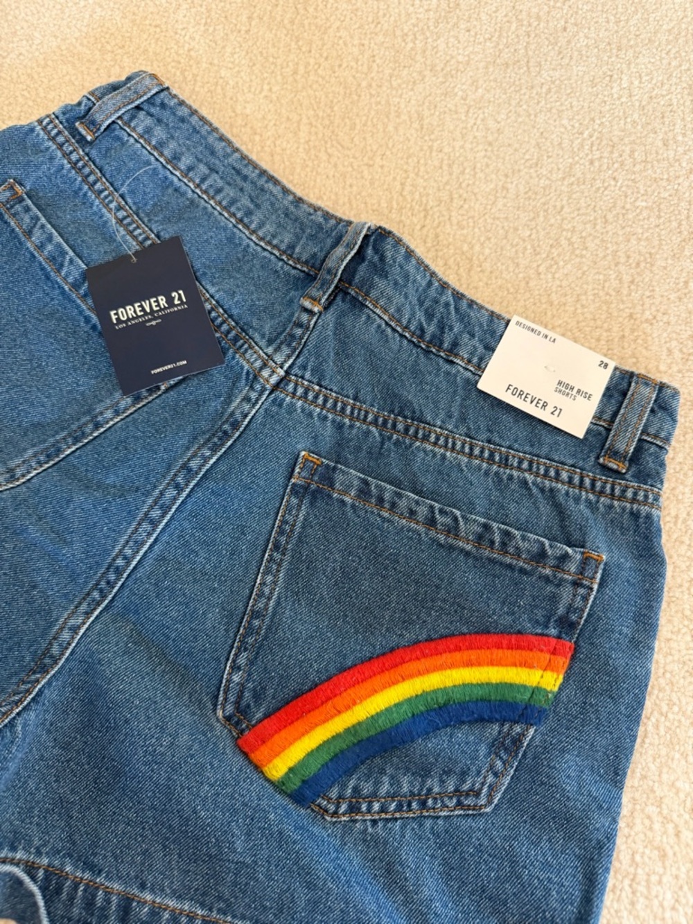 NWT Forever 21 High-Rise Denim Shorts with Rainbow Patch